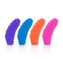 Silicone Finger Swirls Finger Massagers 4 Pack in purple, blue, orange, and pink colors.