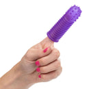 Intimate Play Finger Tingler Purple finger teaser sleeve on a finger, designed for textured intimate exploration.