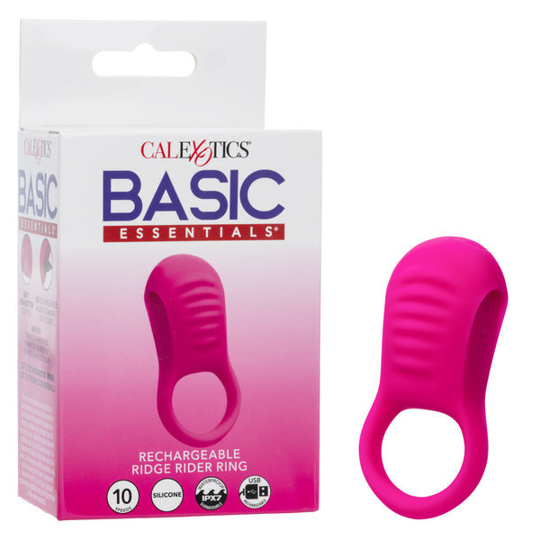Basic Essentials Vibrating Ridge Rider Silicone Cock Ring Pink with packaging and product details.