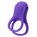Basic Essentials Vibrating Dual Support Cock Ring Purple showcasing its smooth silicone design and dual support rings.