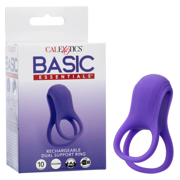 Basic Essentials Vibrating Dual Support Cock Ring Purple packaging and product featuring a dual support design.