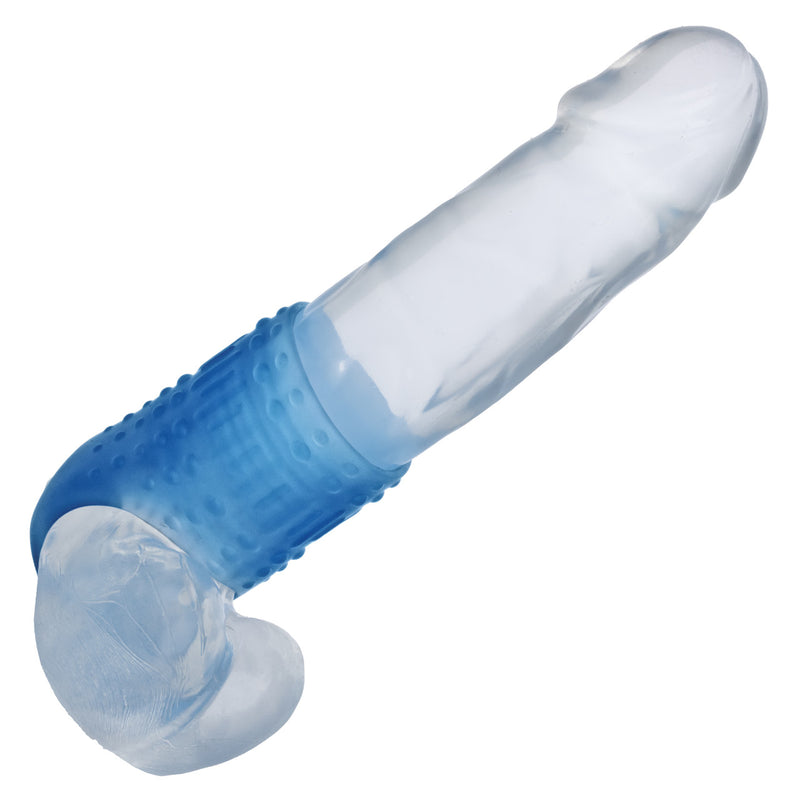 Basic Essentials Liquid Silicone Pleasure Enhancer Blue showing a stretchy and comfortable design for enhanced pleasure.