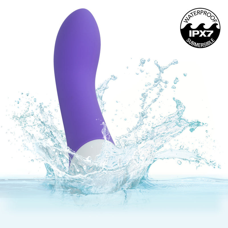 Basic Essentials Intense Power G Vibrator Purple splashing in water, waterproof IPX7 design.
