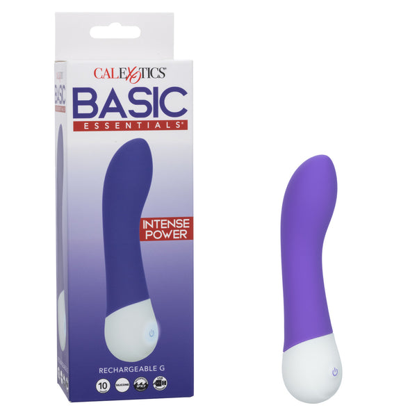 Basic Essentials Intense Power G Vibrator Purple in packaging, showcasing its sleek design and intense stimulation features.