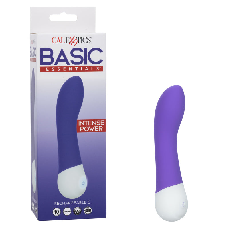 Basic Essentials Intense Power G Vibrator Purple in packaging, showcasing its sleek design and intense stimulation features.