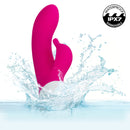 Basic Essentials Intense Power Rechargeable Dual Pleaser Pink splashing in water, showcasing waterproof features.