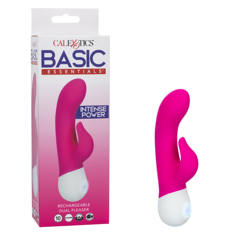 Basic Essentials Intense Power Rechargeable Dual Pleaser Pink in packaging with a sleek design for pleasure.