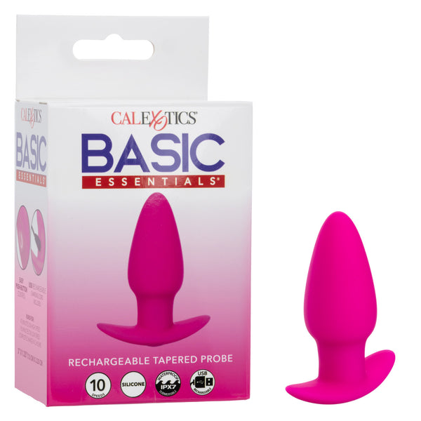 Basic Essentials Rechargeable Tapered Probe Pink next to its packaging, designed for pleasure and comfort.