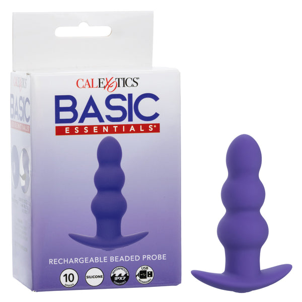 Basic Essentials Rechargeable Beaded Probe Purple in packaging, featuring smooth graduated beaded shaft for pleasure.