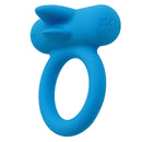 Blue silicone rechargeable couples vibrating enhancer ring with dual teasers, offering 12 vibration functions for shared sensations.