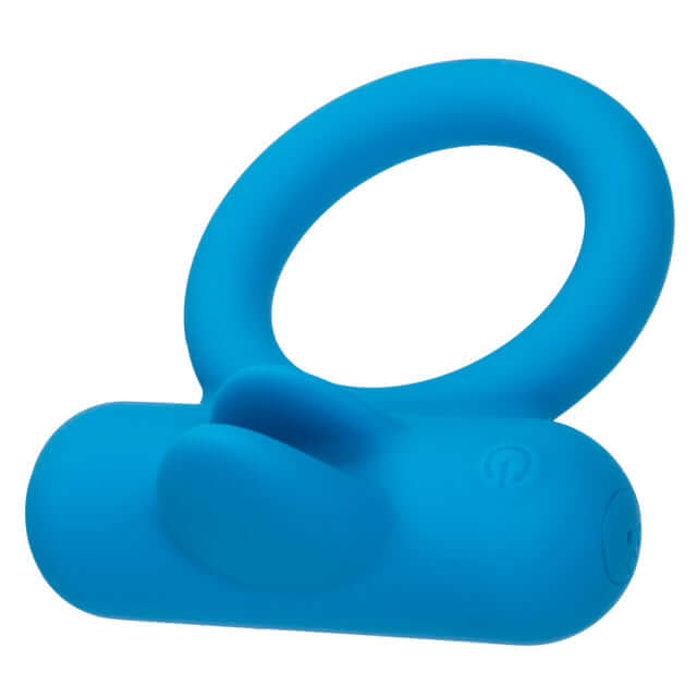 Silicone Rechargeable Double Trouble Couples Vibrating Enhancer in blue, featuring dual teasers and 12 vibration functions.