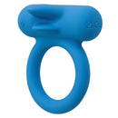 Blue silicone rechargeable vibrating enhancer with dual teasers and comfortable ring design for couples.