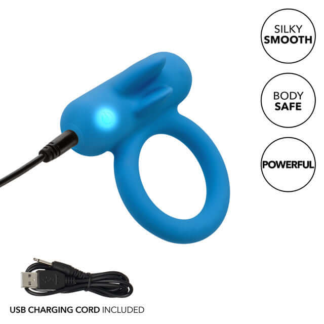 Blue silicone rechargeable couples vibrating enhancer with USB charging cord, featuring dual teasers and 12 vibration functions.