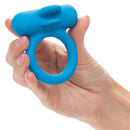 Blue silicone couples vibrating enhancer ring with dual teasers held in hand, designed for shared experiences and 12 vibration functions.