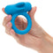 Blue silicone couples vibrating enhancer ring with dual teasers held in hand, designed for shared experiences and 12 vibration functions.