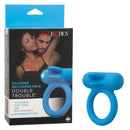 "Silicone Rechargeable Double Trouble Couples Vibrating Enhancer with packaging showcasing 12 intense vibration functions"