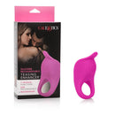Silicone Rechargeable Teasing Enhancer Cock Ring Pink, featuring 7 functions and USB rechargeable, packaged by CalExotics.