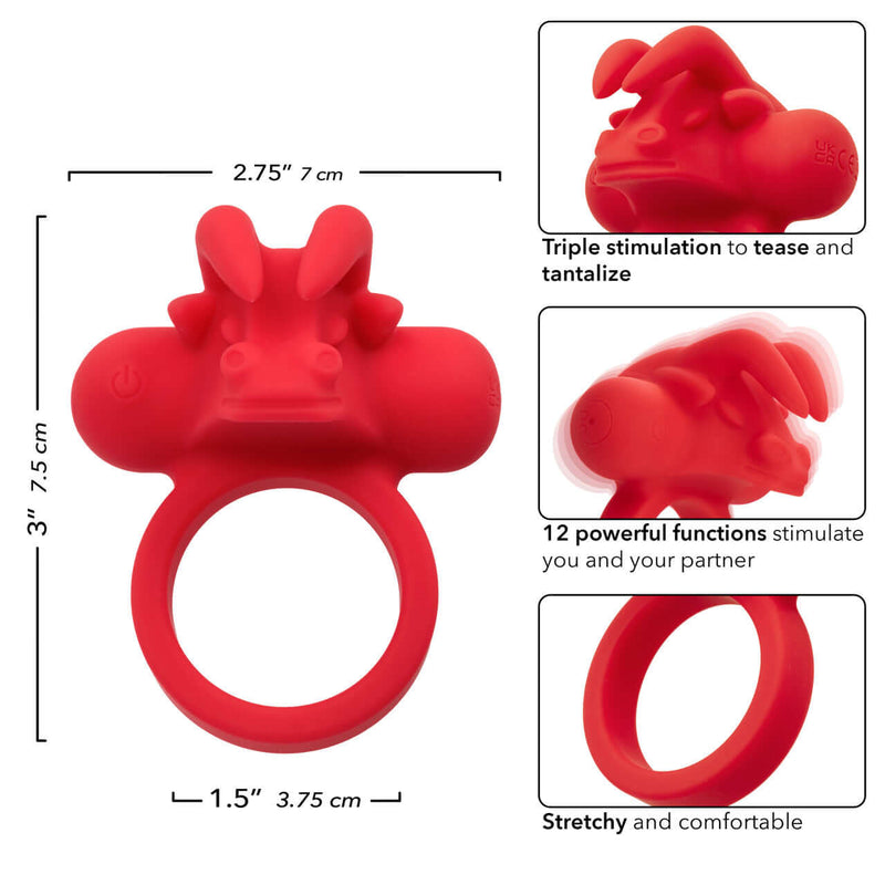 Red Silicone Rechargeable Matador Couples Vibrating Enhancer with triple stimulation and 12 functions for shared pleasure