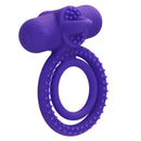 Purple silicone rechargeable vibrating couples enhancer ring with dual support and textured design.