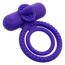 Silicone rechargeable vibrating couples enhancer with dual support and 12 functions in vibrant purple.