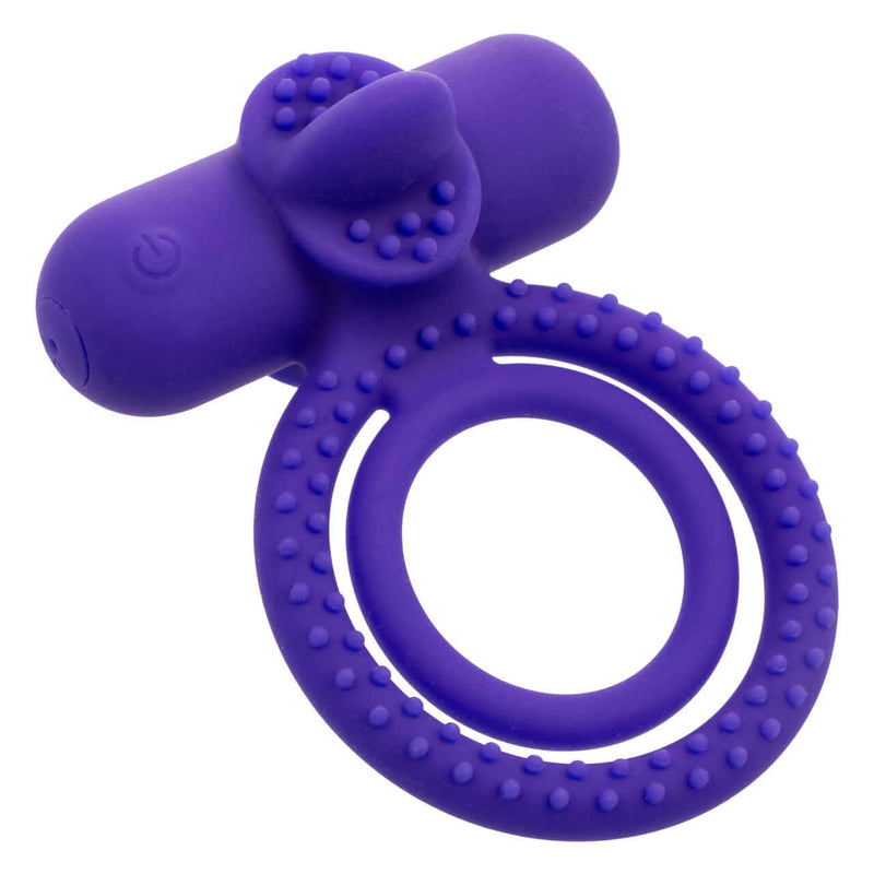 Silicone rechargeable vibrating couples enhancer with dual support and 12 functions in vibrant purple.