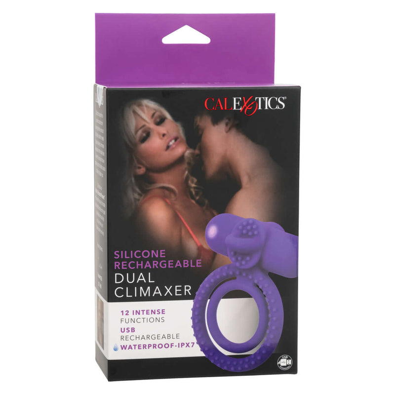 Silicone Rechargeable Dual Climaxer Couples Vibrating Enhancer packaging with 12 functions and USB rechargeable features.