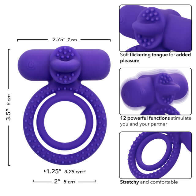 Silicone Rechargeable Dual Climaxer Couples Vibrating Enhancer with 12 functions and dual support, featuring a soft flickering tongue.