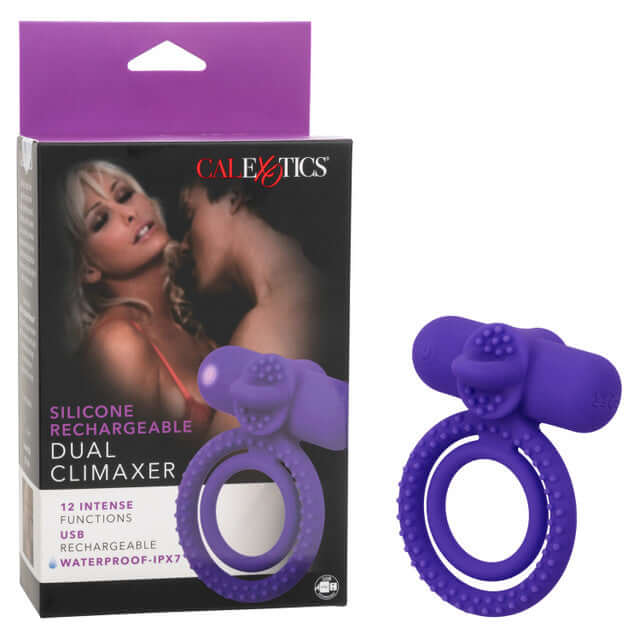 Silicone Rechargeable Dual Climaxer Couples Vibrating Enhancer with 12 Functions, shown with packaging and product.