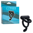 Closer Intimate Vibrating Dual Cock Ring Caress Black packaging and product, featuring dual-ring design and USB rechargeability.