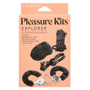 Pleasure Kits Explorer Collection Black bondage kit featuring ball gag, eye mask, cuffs, and rope.
