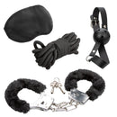 Pleasure Kits Explorer Collection Black bondage kit including handcuffs, blindfold, rope, and gag.