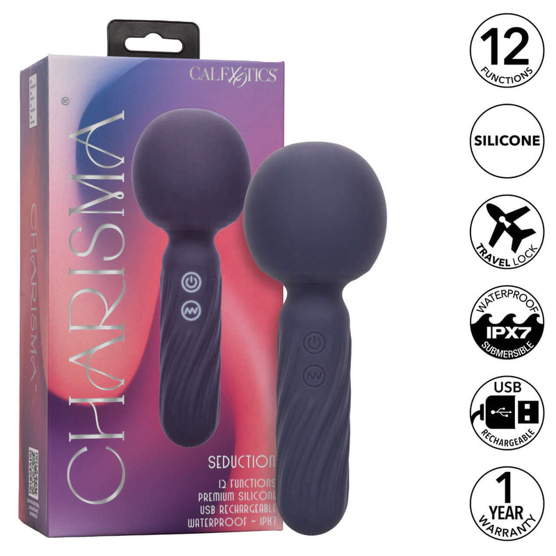 Charisma® Seduction Waterproof Silicone Massager with 12 Functions in packaging and feature icons.