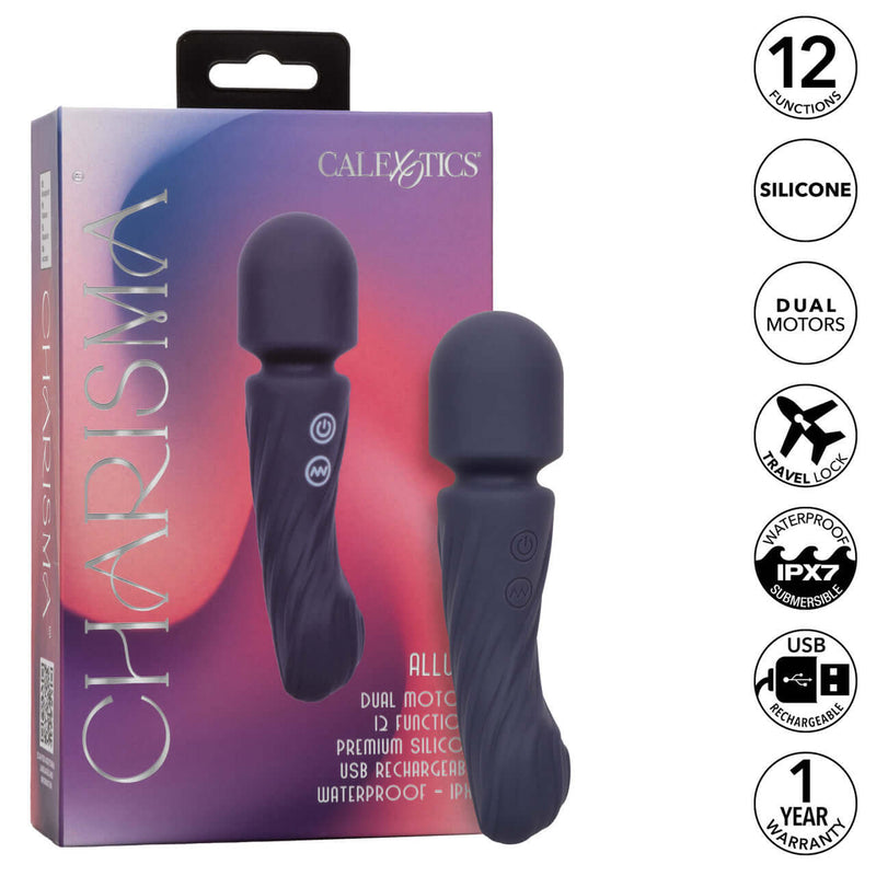 Charisma® Allure dual motor massager - ergonomic waterproof silicone vibe with 12 functions and USB rechargeable, in packaging.