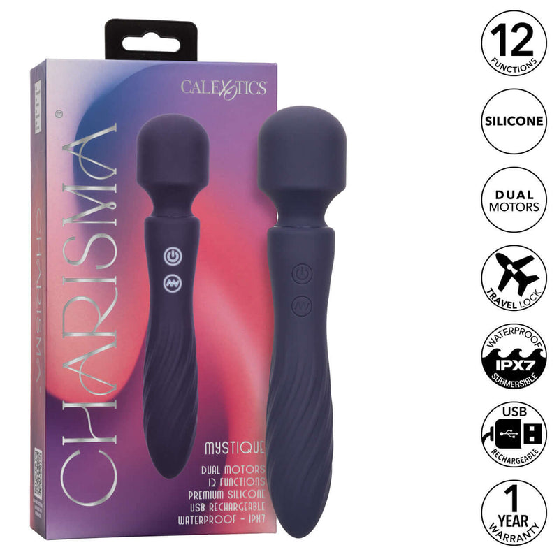 Charisma® Mystique Dual Motor Massager in packaging with 12 functions, premium silicone, waterproof, USB rechargeable, and 1-year warranty.