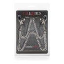 Nipple Play Tiered Nipple Clamps in packaging featuring silver clamps and dual chain for enhanced sensation.