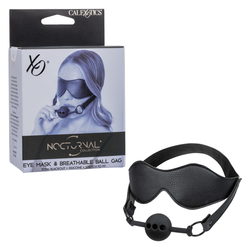 Nocturnal Collection Eye Mask and Breathable Ball Gag displayed with packaging, ideal for bondage play.