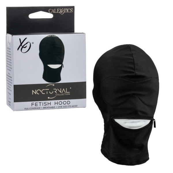 Nocturnal Collection Fetish Hood Black displayed with packaging for sensory exploration and full-coverage domination.
