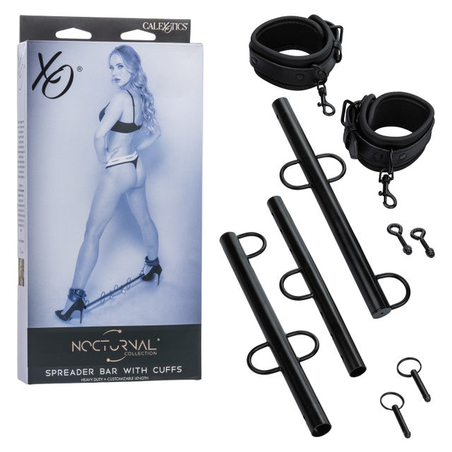 Nocturnal Collection Spreader Bar with Cuffs, featuring cuffs and metal bars for restraint play.