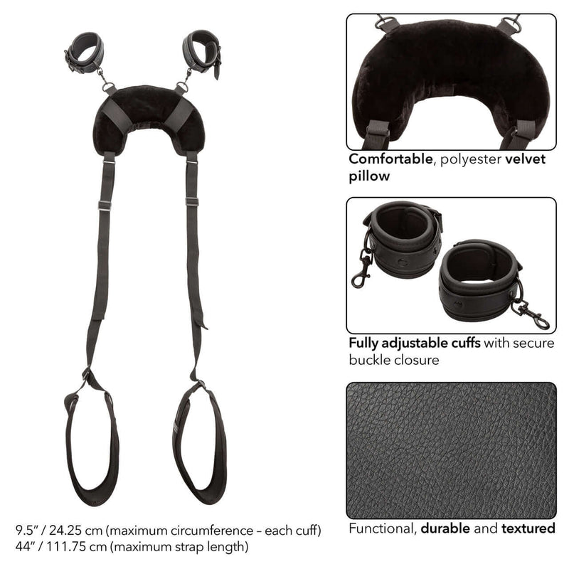 Adjustable position strap with velvet pillow and cuffs, featuring durable, textured design for comfort and control in intimate settings.