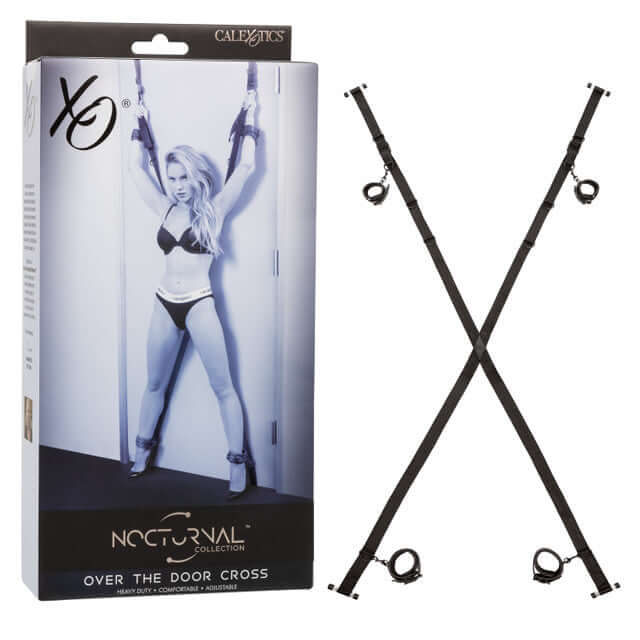 Nocturnal Collection Over The Door Cross, adjustable restraint system with packaging, ideal for intimate play and bedroom adventures.
