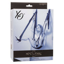 Packaging of Nocturnal Collection Over-the-Door Sex Swing showing a model demonstrating the adjustable and comfortable design.