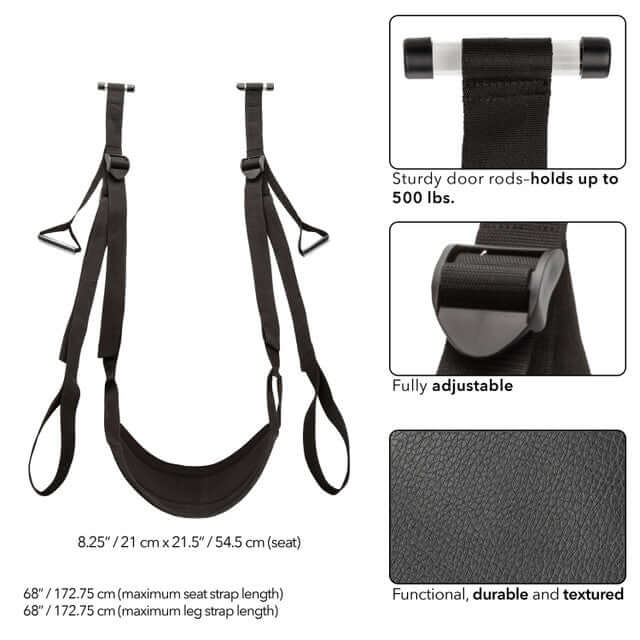 Nocturnal Collection over-the-door sex swing with padded seat, adjustable straps, sturdy rods, and textured, durable material.