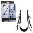 Nocturnal Collection Over-the-Door Sex Swing with packaging, showcasing comfortable padded seat and adjustable straps for intimate experiences.
