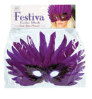 Festiva Exotic Feather Mask Purple in luxurious purple feathers, perfect for adding glamour to any festive occasion.