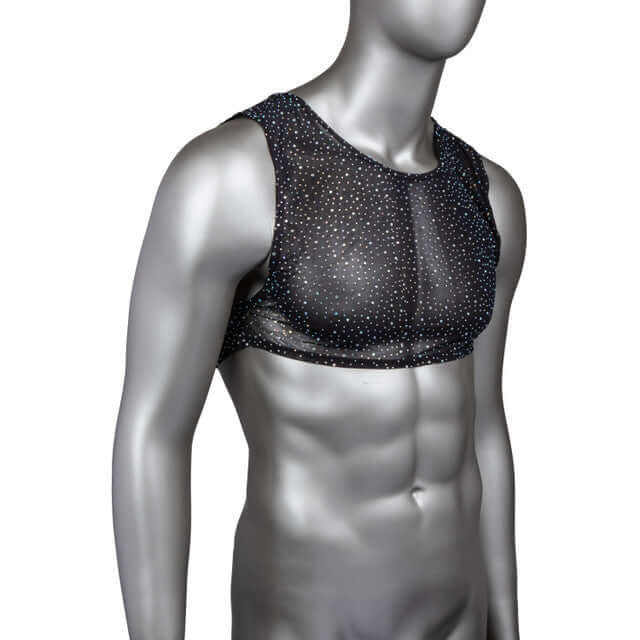 Radiance Crop Top with mesh design and rhinestone accents displayed on a mannequin for glamorous style and sexy comfort.