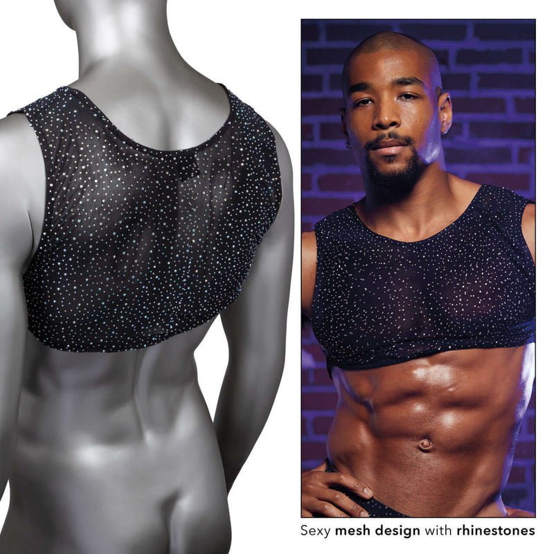 Mesh crop top with rhinestones, featuring a sleek and glamorous design for standout style and comfort.