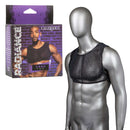 Radiance Crop Top with Mesh Design and Rhinestone Accents on Mannequin in Front of Product Box