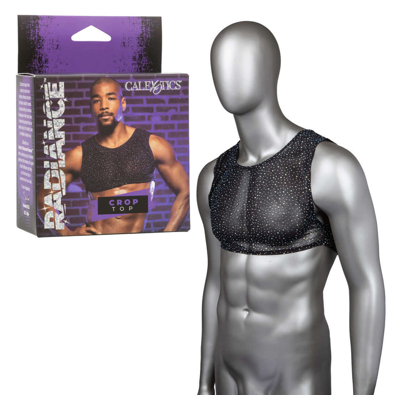 Radiance Crop Top with Mesh Design and Rhinestone Accents on Mannequin in Front of Product Box