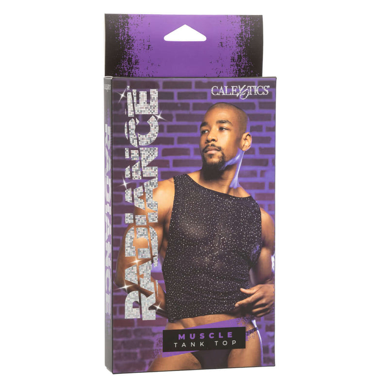 Radiance Muscle Tank Top packaging with breathable mesh and rhinestone accents.