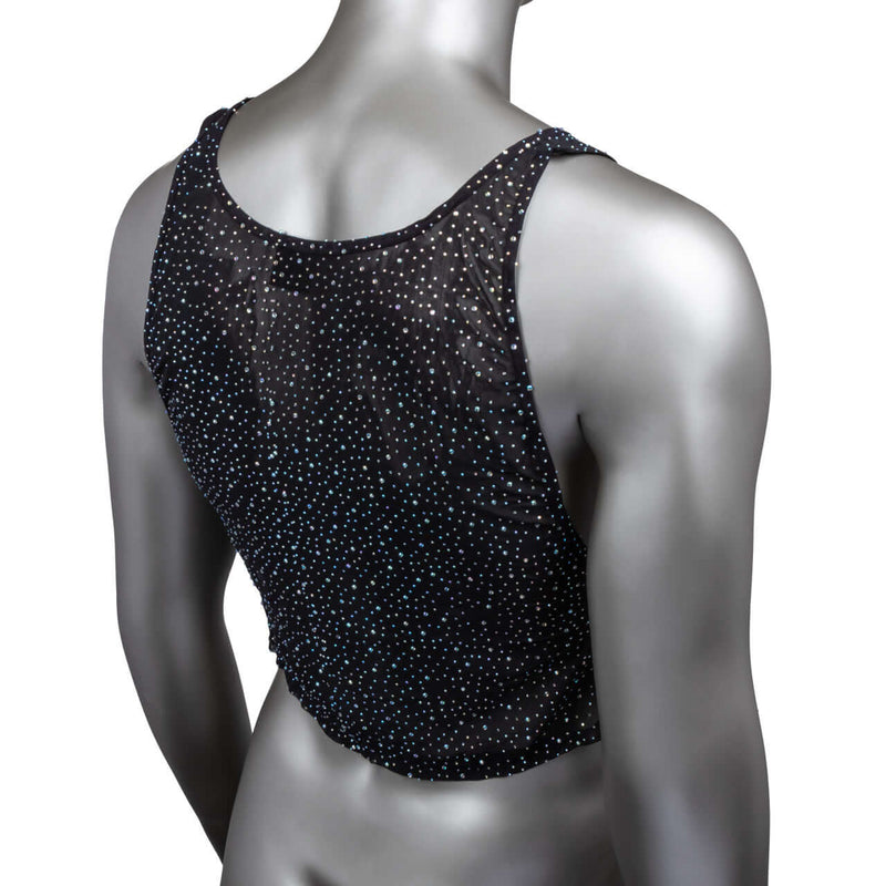Radiance Muscle Tank Top with rhinestone accents and breathable mesh, showcasing back view on mannequin for optimal airflow.